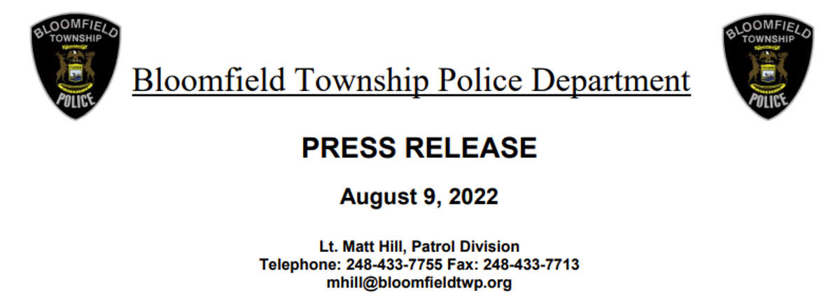 Bloomfield Township Police Department press release. 