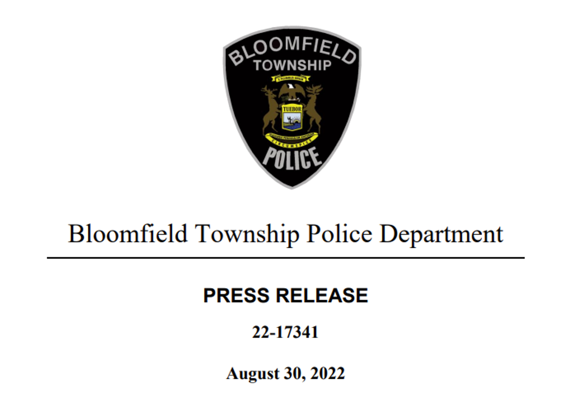 Press release announcement for the Bloomfield Township Police Department. 