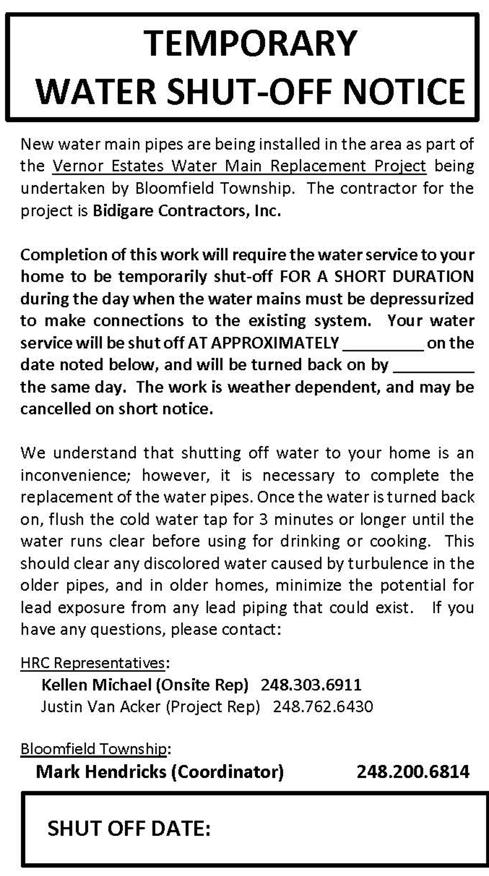 Example of door hanger notice of short duration water shut off issued by Bloomfield Township