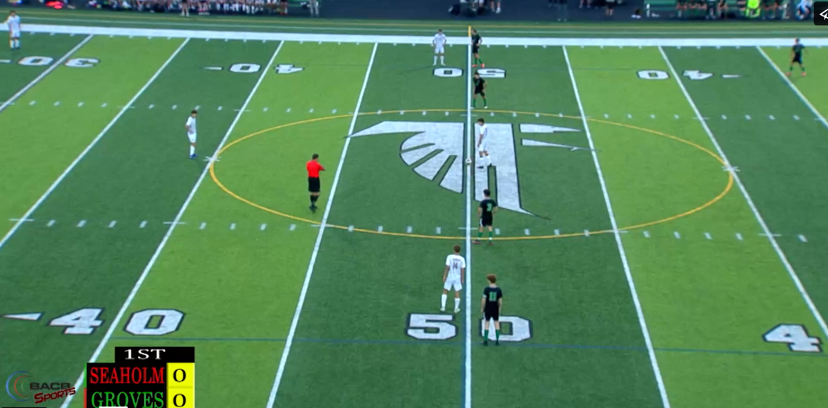 Two teams playing a soccer game. 