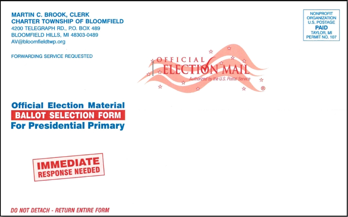 Mailed ballot for the Presidential Primary elections. 
