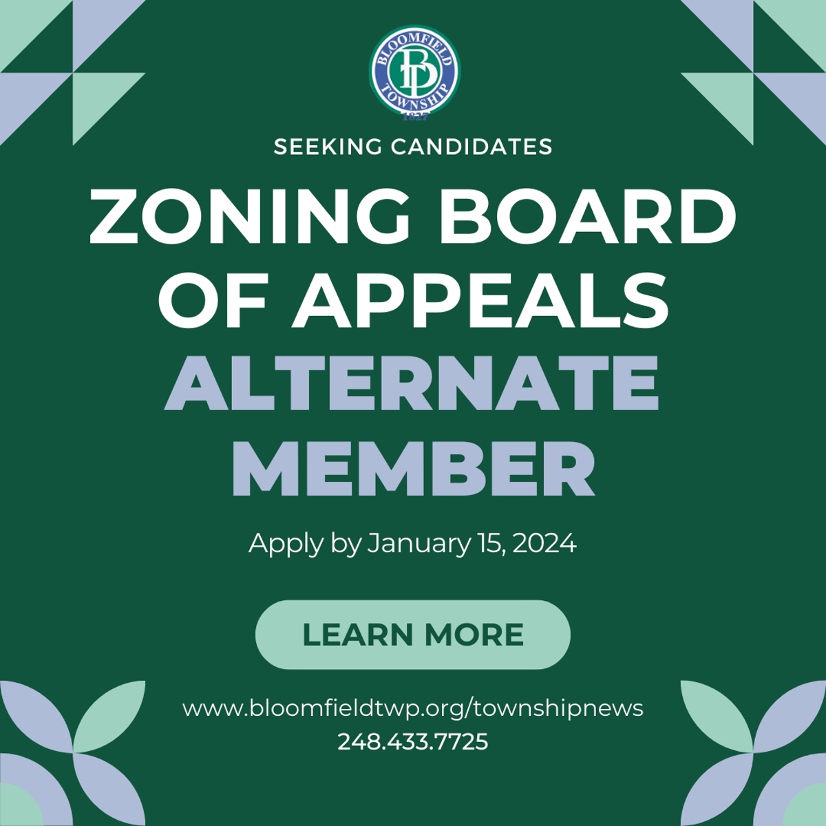 Bloomfield Township logo at the top with the words "Zoning board of appeals alternate member" underneath. 