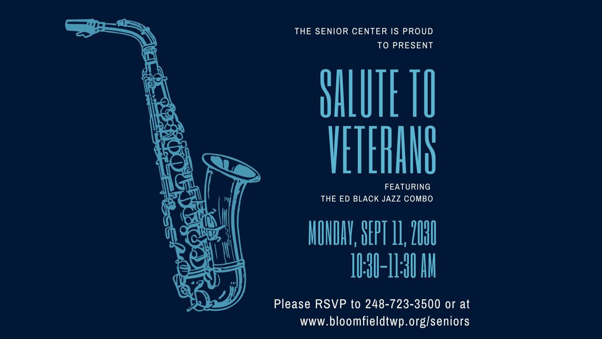 Cartoon drawing of a saxophone announcing the Salute to Veterans jazz combo at the senior center. 