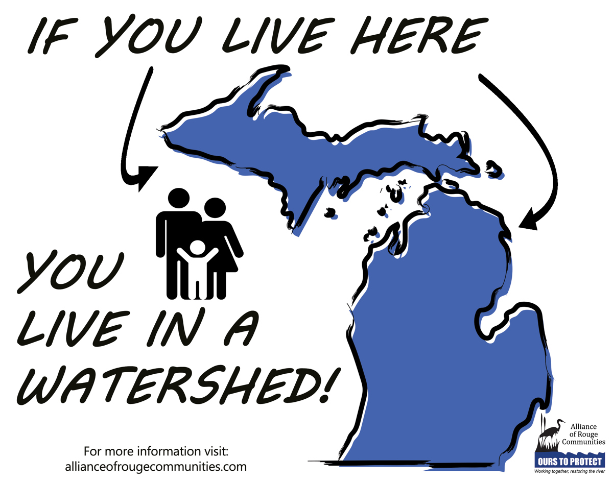 A picture of the state of Michigan and the words "if you live here, you live in a watershed" next to it. 