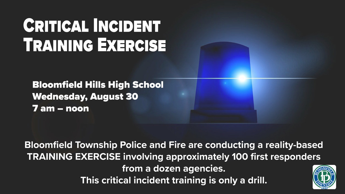 Police light to the right with critical incident training exercise information to the left. 