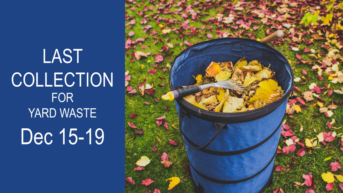 A leaf container filled with leaves and a small rake, sitting on grass covered in leaves with message: Last Collection for Yard Waste Dec 15-19.