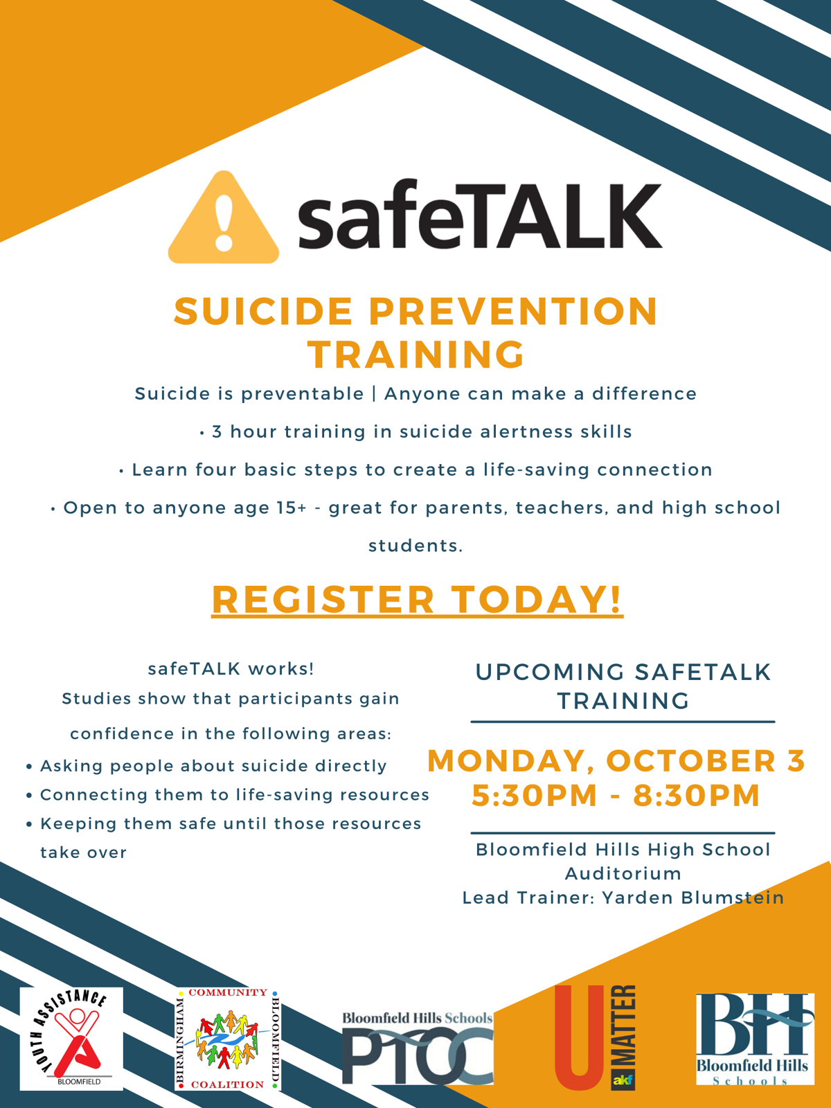 Safetalk suicide prevention training announcement. 