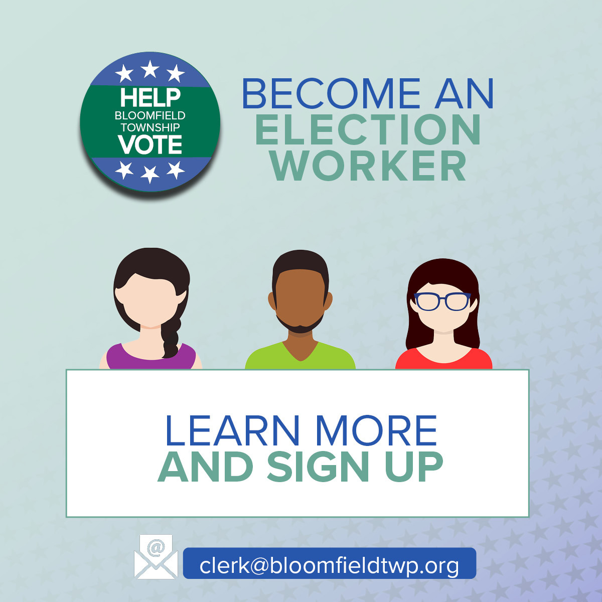 Cartoon people sitting on a learn more and sign up sign for becoming an election worker. 