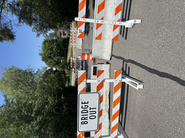 Bridge Out sign on barricades