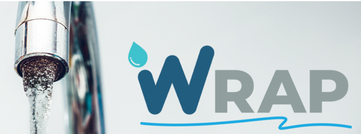 Water coming out of a faucet with the WRAP logo to the right. 
