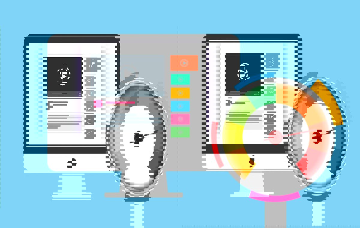 Cartoon computer with multiple videos to play and a cartoon meter to the right. 