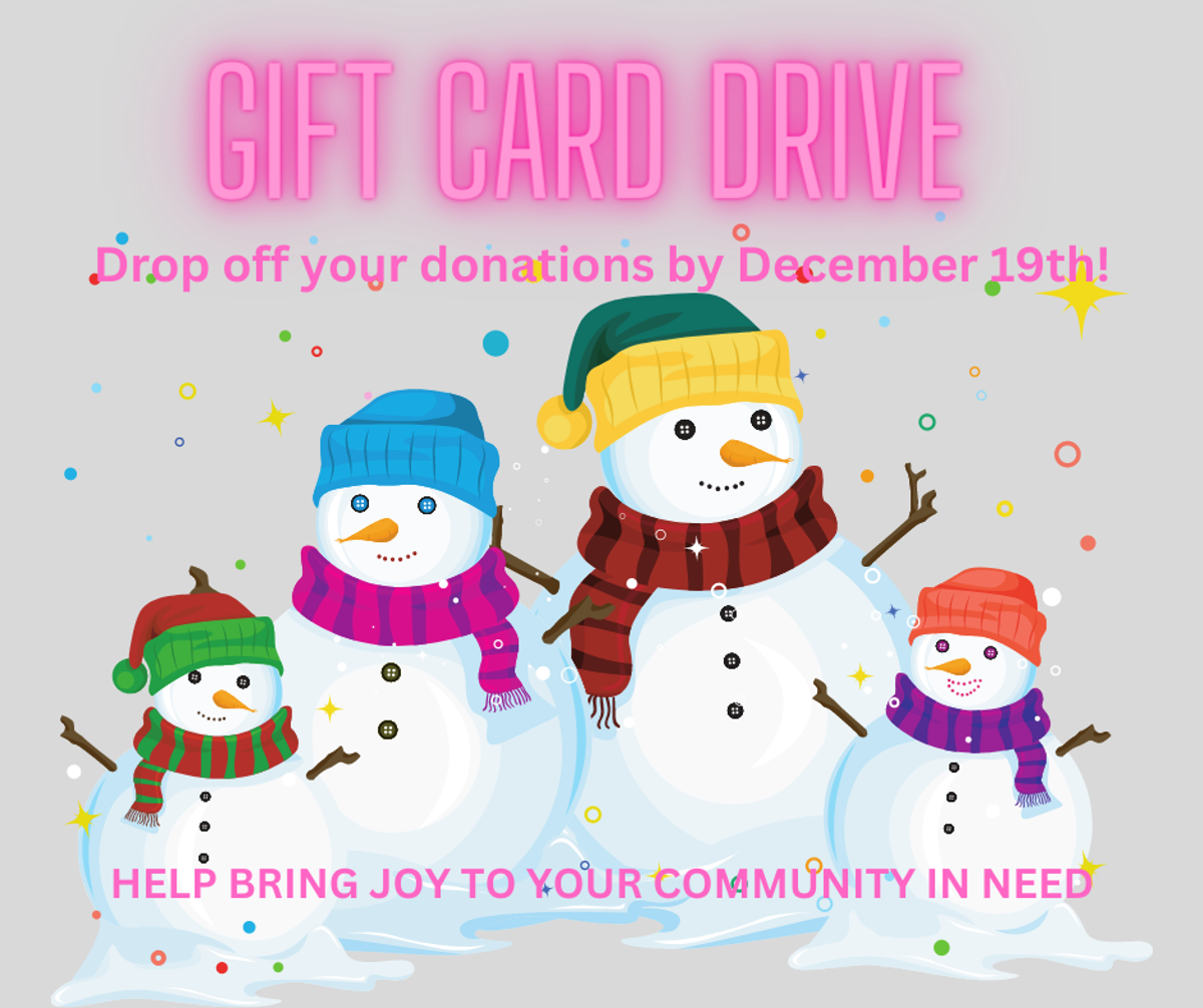 Cartoon snowmen with the words "gift card drive" above them. 