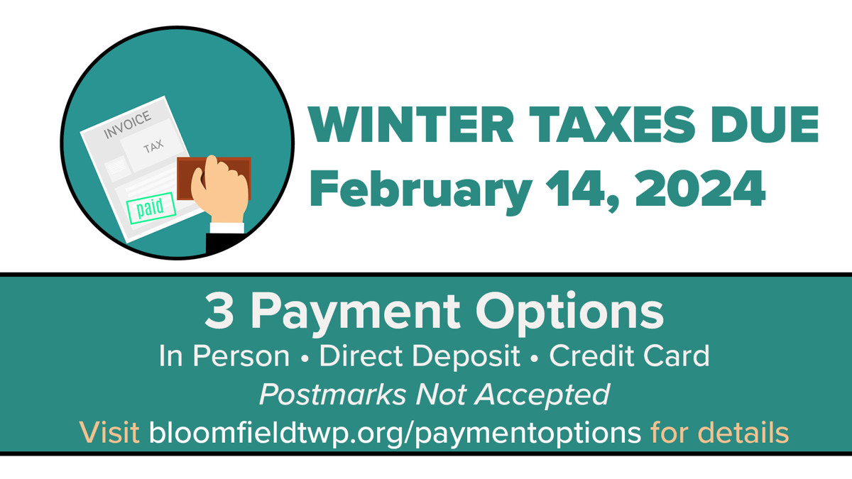 Cartoon picture of a hand stamping a tax bill as a reminder for the winter taxes due date and how to pay them. 