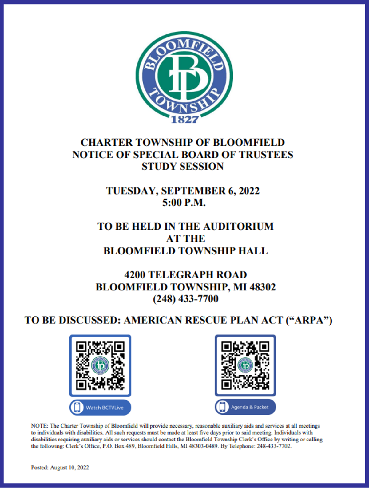 Announcement of the board of trustees study session. 