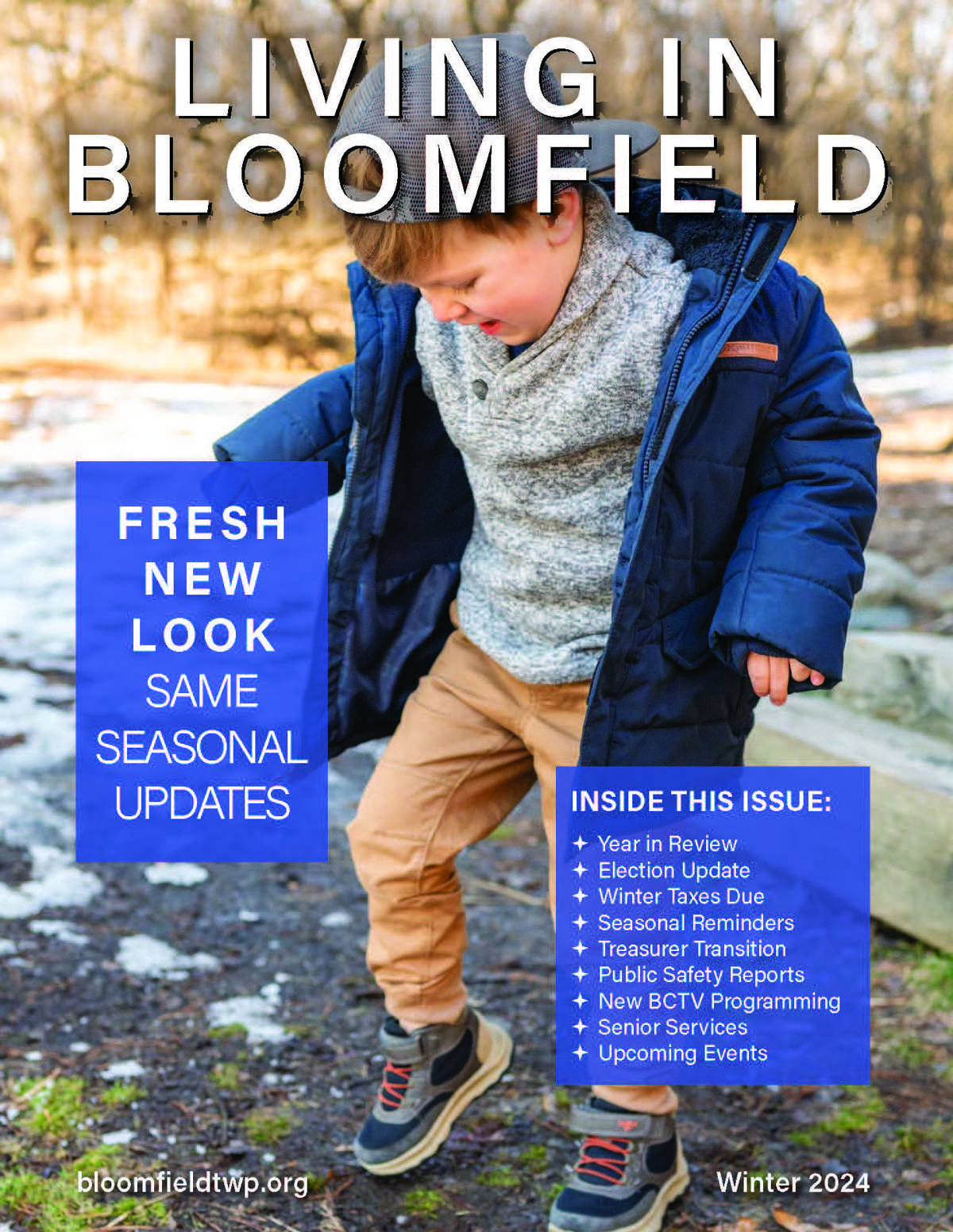 Little boy dressed in winter clothing on the cover of the Winter 2024 Living in Bloomfield newsletter. 