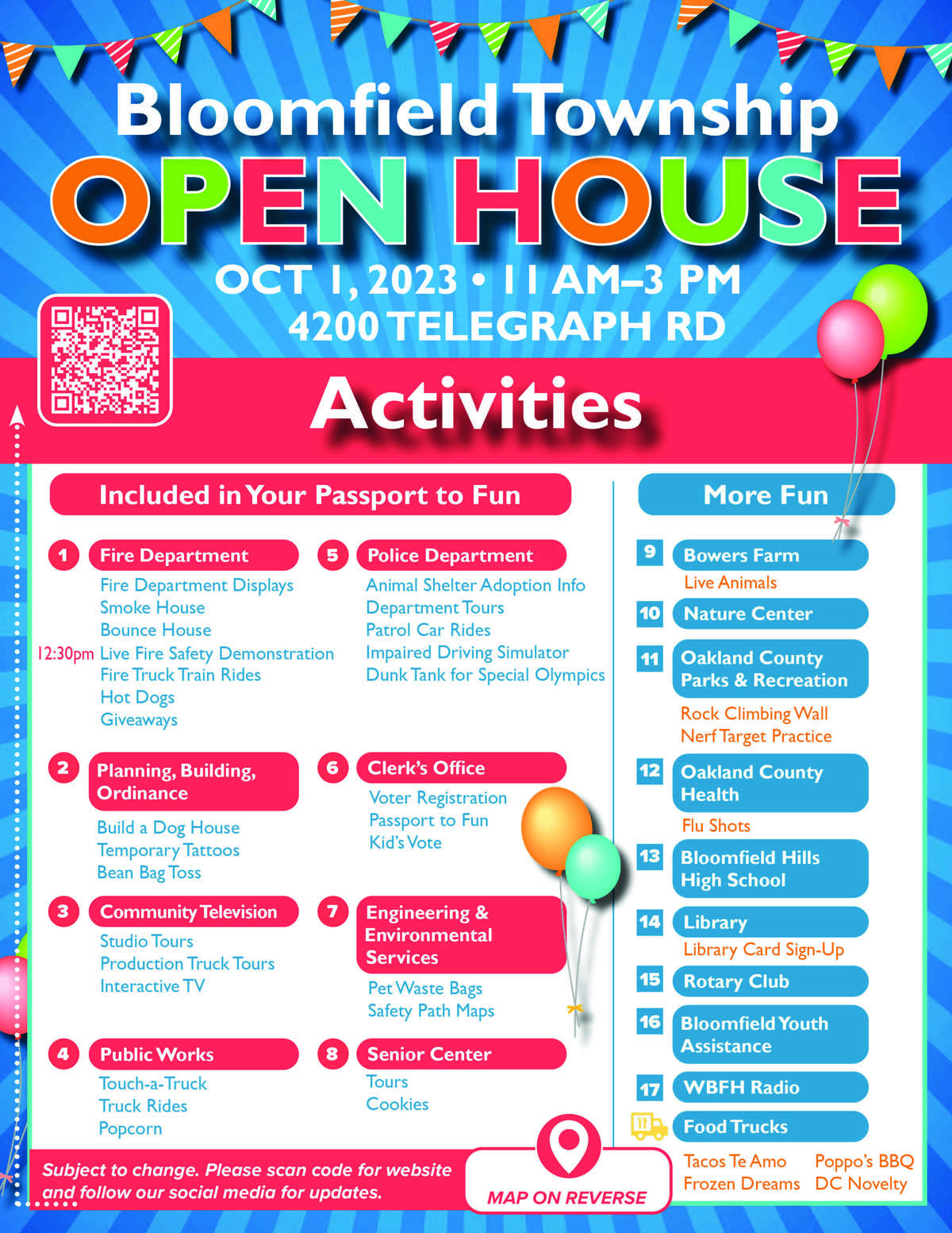 Infographic for the Bloomfield Township open house on what activities are going to happen.  