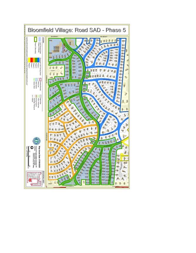 Map of Bloomfield Village: Road SAD - Phase 5. Map shows Phase 5 roads outlined in green.
