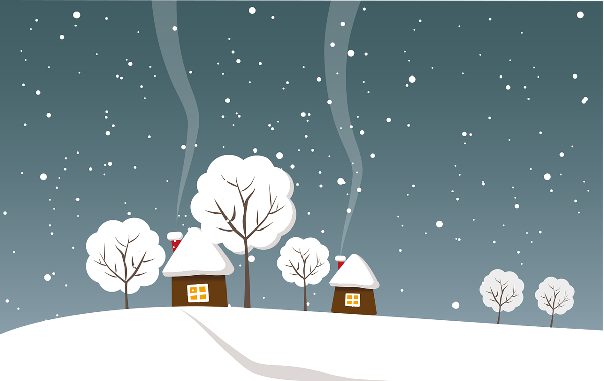 Cartoon houses and trees with snow. 