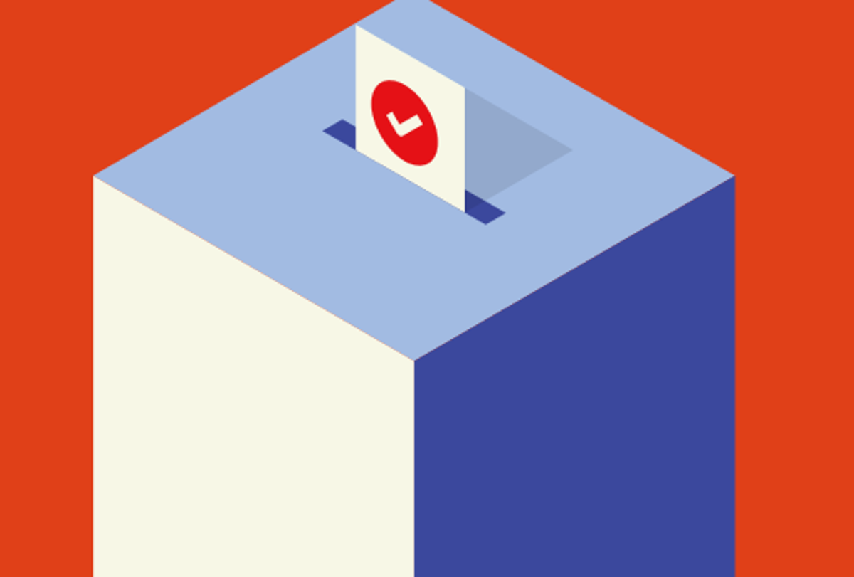Cartoon ballot going into a ballot box. 