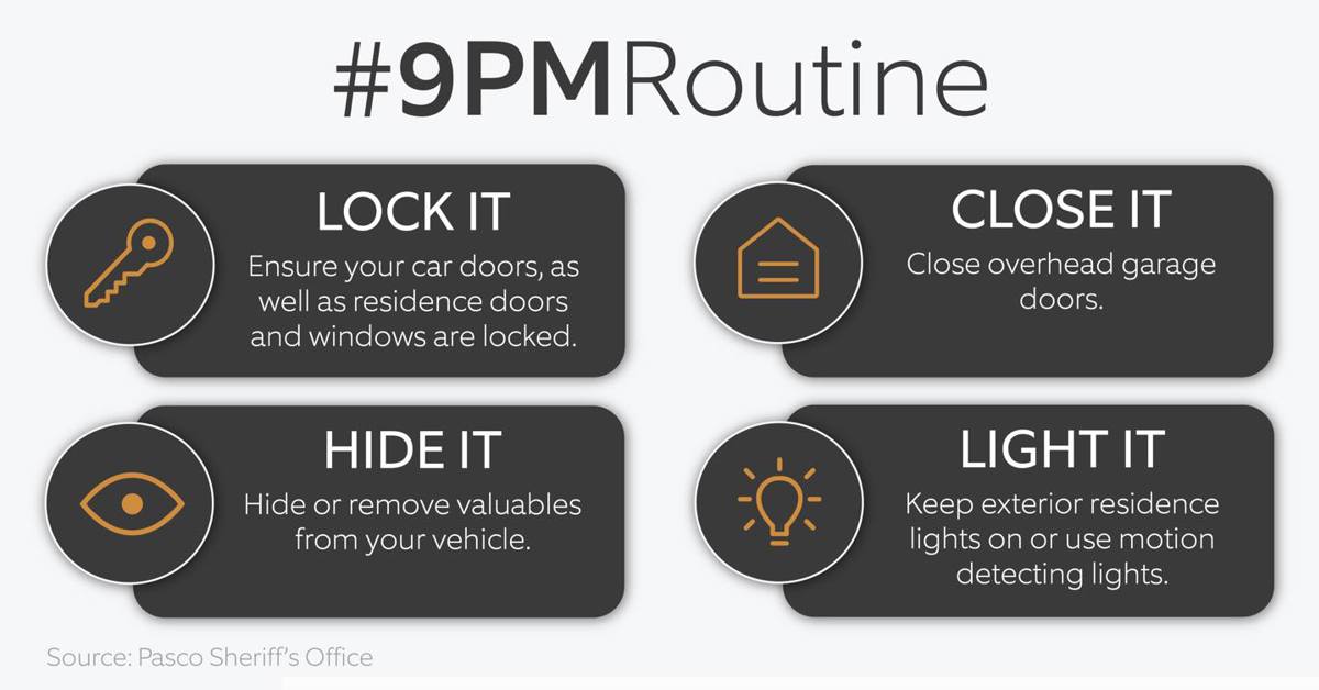 Graphic for lock it, close it, hide it, and light it for a 9pm routine. 