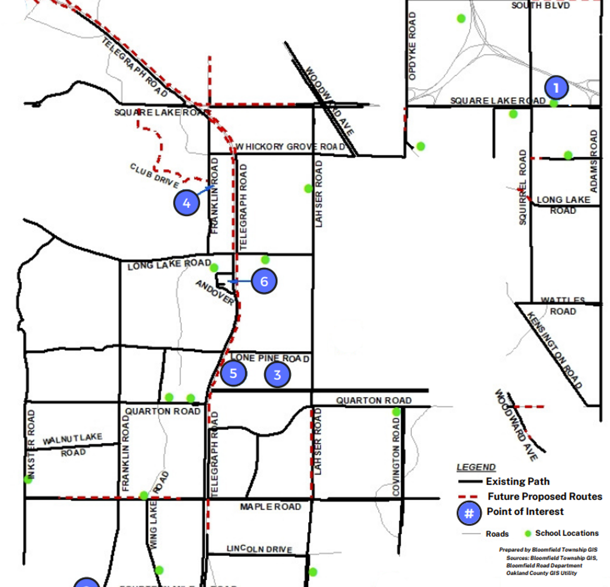 A map highlighting proposed and current safety paths. 