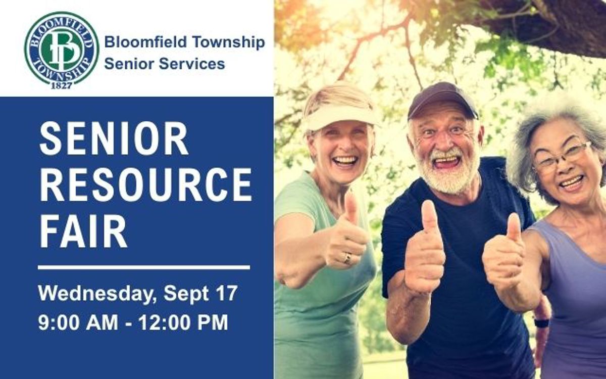 Three seniors giving a thumbs up in a promo for the Bloomfield Township Senior Services Senior Resource Fair on Wednesday, Sept 17 from 9 am -12 pm