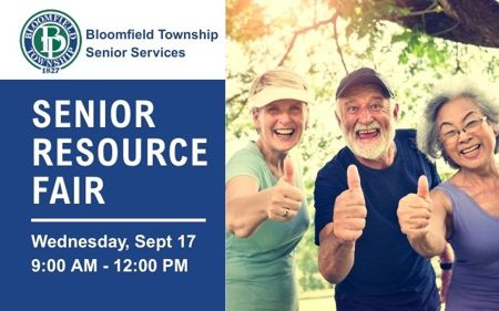 Three seniors giving a thumbs up in a promo for the Bloomfield Township Senior Services Senior Resource Fair on Wednesday, Sept 17 from 9 am -12 pm