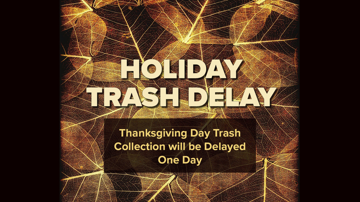 Leaves in the background with the words "holiday trash delay" in front of them. 