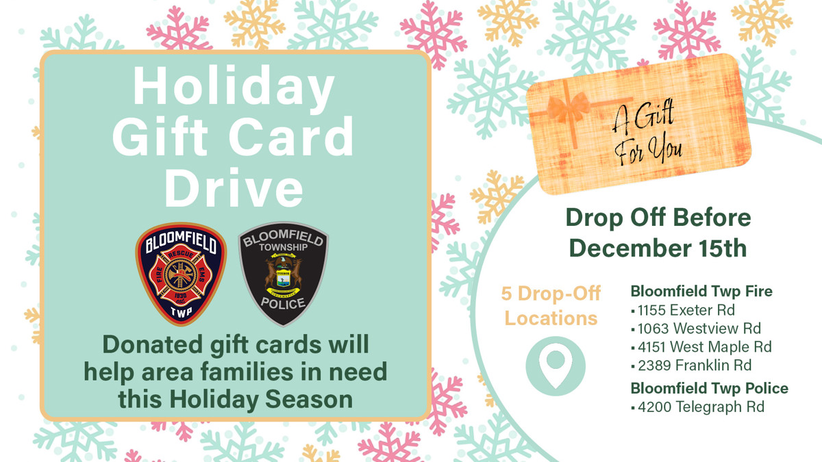 Bloomfield Fire and Police logos representing where to drop off gift cards for the holiday gift card drive. 